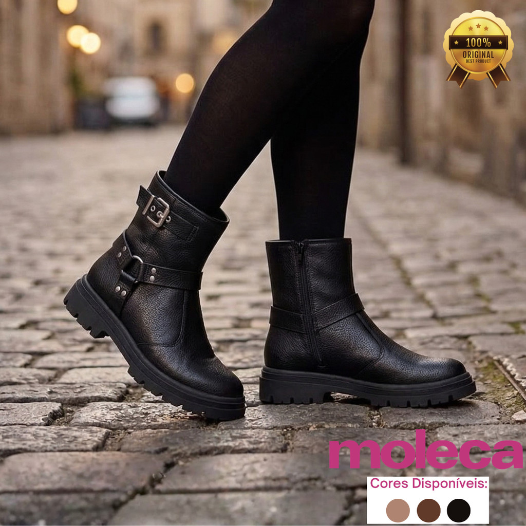 Coturno Feminino Moleca Bota Tratorada Napa Cano Curto Preta com Fivela Salto Baixo Conforto