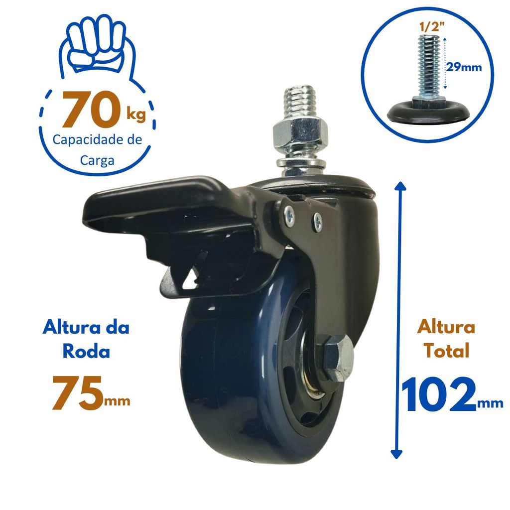 Rodízio Rodinha Moveis Espiga Giratório Reforçado Anti Risco 2 Com + 2 Sem Freio 75mm Cor Azul