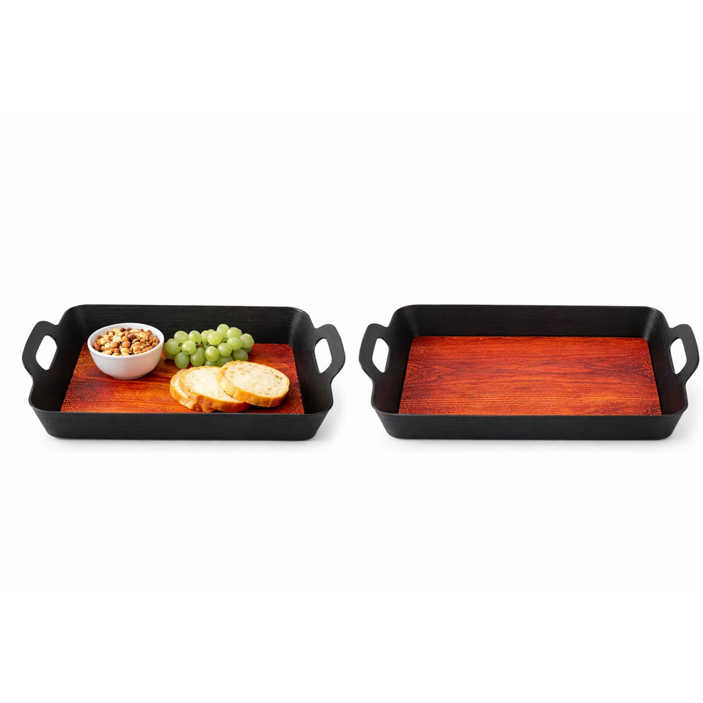 2 Bandejas Decorativa Retangular Preta Base Amadeirada Café Petiscos Organização Mesa Cozinha