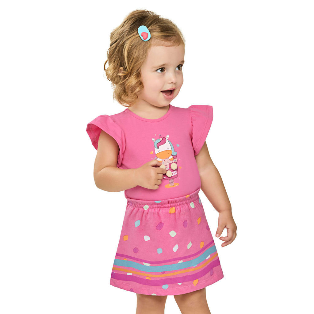 Conjunto Bebê Menina Unicórnio Com Pompom Elian Rosa