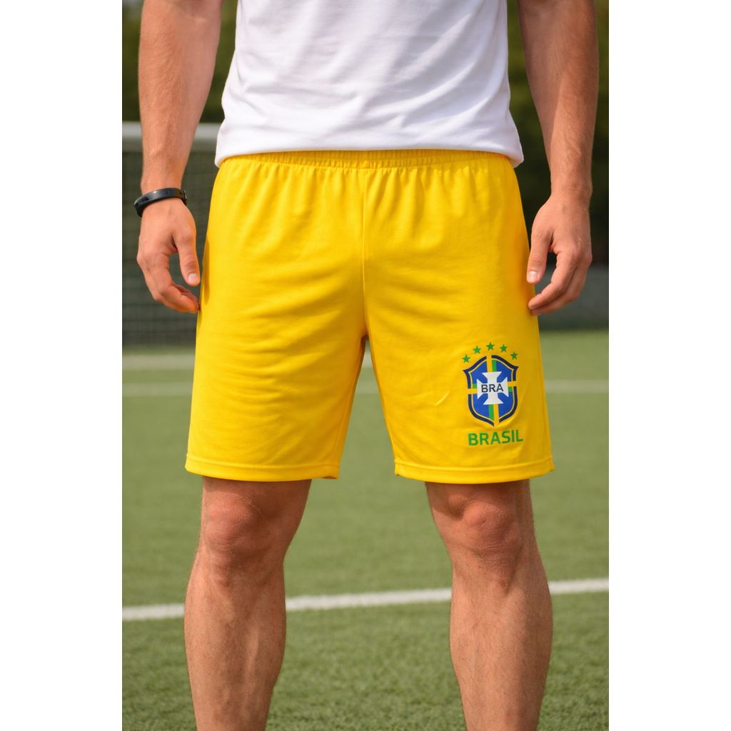 Short Brasil Amarelo Masculino Esportivo Leve Confortavel Academia Futebol