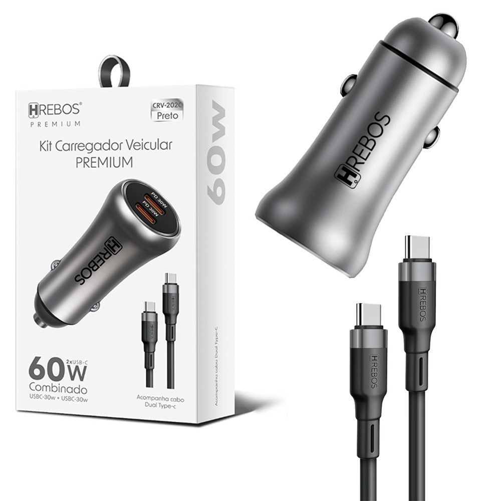 Carregador Premium Veicular Power Turbo 60w + Cabo duas pontas Tipo-c - Hrebos Premium