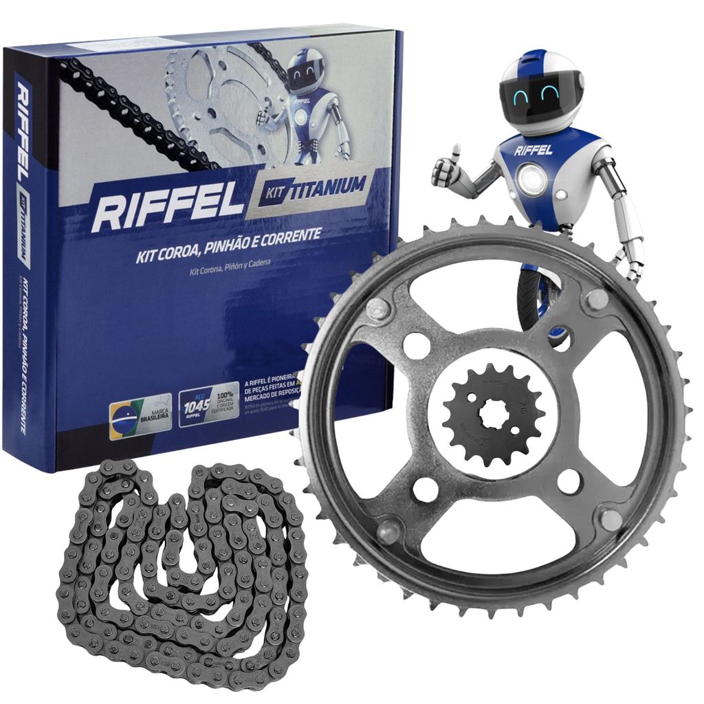 Imagem KIT RELAÇÃO RIFFEL TITANIUM AÇO 1045 COROA PINHÃO CORRENTE CG 150 2004 a 2016 CG 160 2016 a 2025