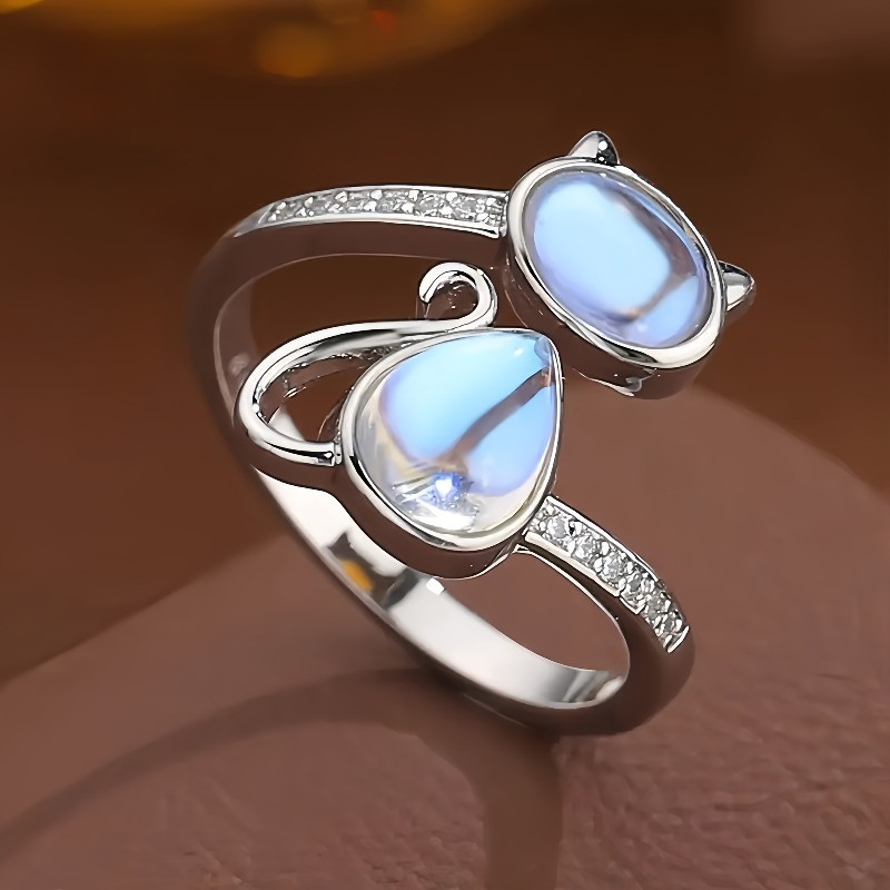 Anel de pedra da lua mais vendido com abertura ajustável, anel feminino de gato da sorte, presente elegante para meninas