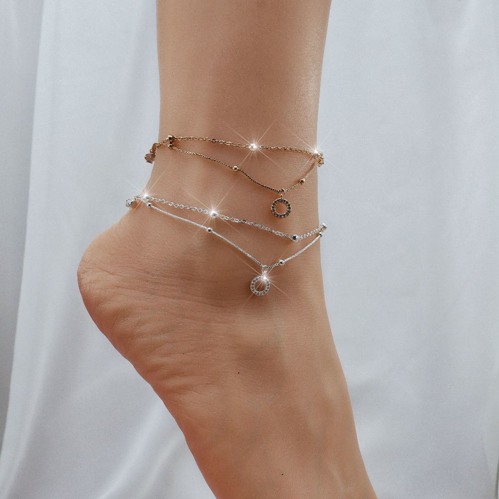 Pulseira de Tornozelo Elegante Duas Camadas Anel Pavê 18K Banho de Ouro e Prata 925 Banho
