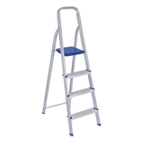 Escada Alumínio 4 Degraus Azul - MOR - Multiuso, Leve, Dobrável, Anti-derrapante, Segura