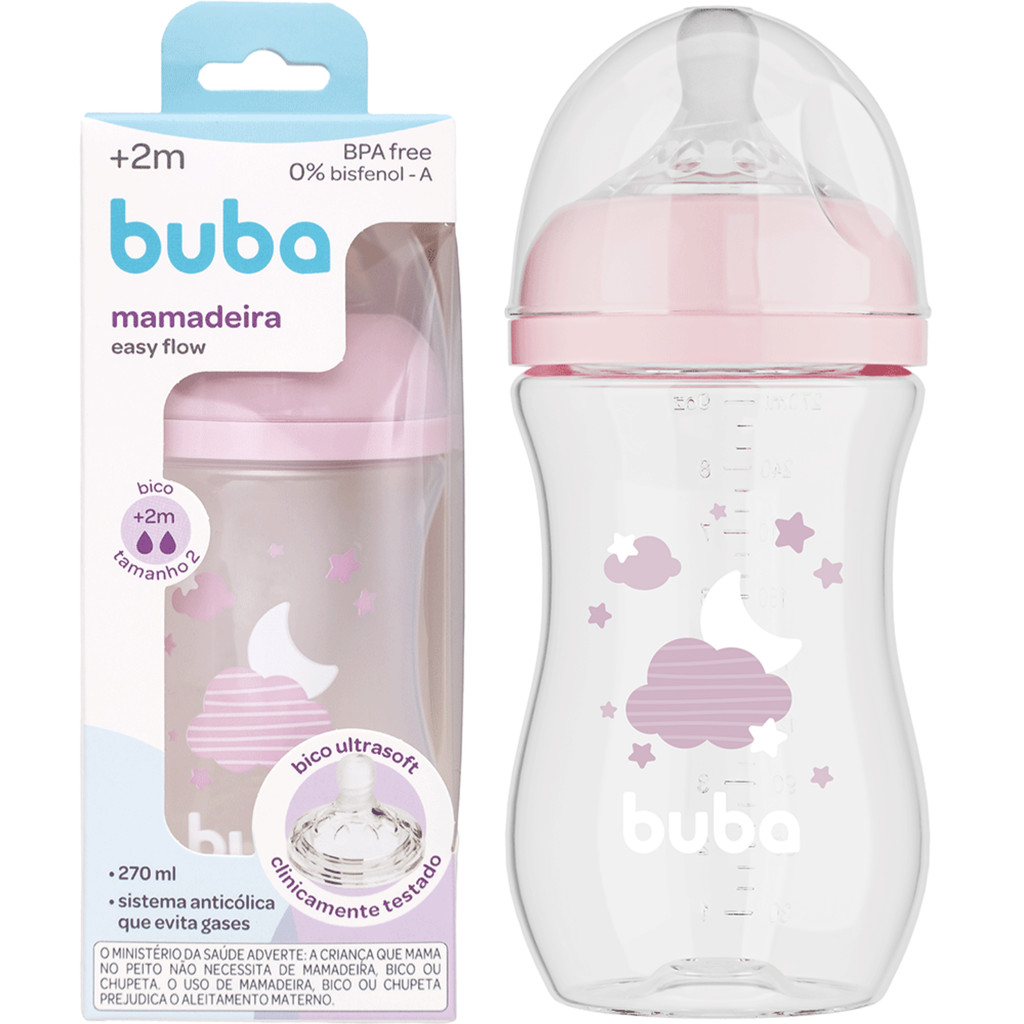 Mamadeira Buba 270ml +2 Meses Anticólica Ultra Soft Nuvem Rosa Menina Easy Flow Tamanho 2 Fluxo 2 em Oferta na Shopee