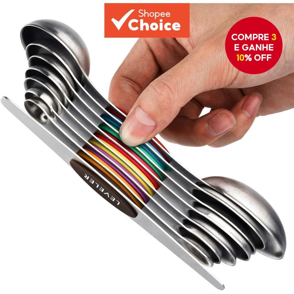 Conjunto de 8 Colheres de Medição Magnéticas Aço Inoxidável Empilháveis Dupla Face Encravadas