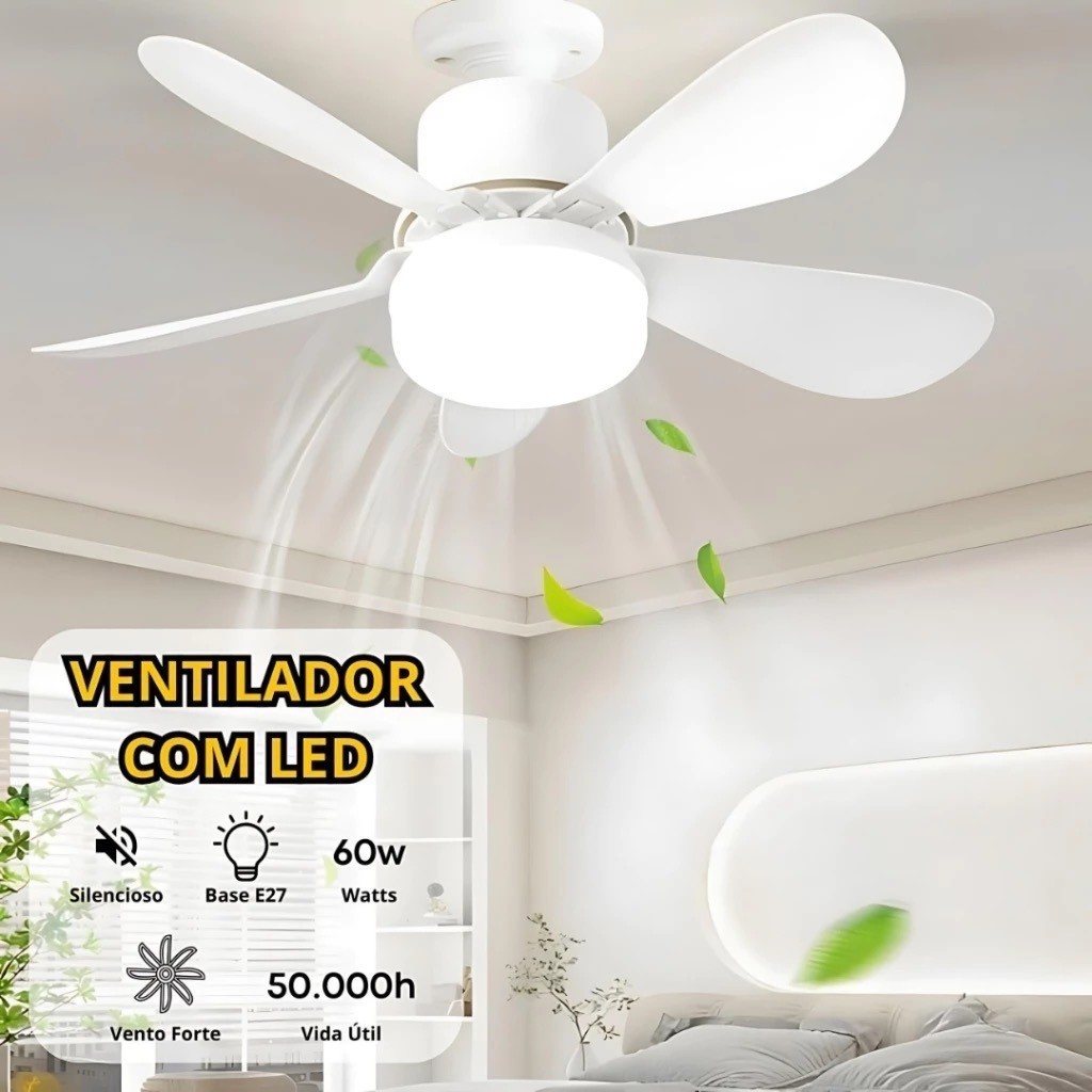 Ventilador de teto Com Luz para Pequenos Espaços (6 Hélices) Controle Remoto Bivolt Led 110V-220V
