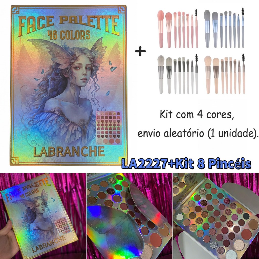 Kit 2 em 1 | Paleta de Maquiagem Labranches LA2227+Kit 8 Pincéis de Maquiagem | Completo para Olhos, Face e Sobrancelhas