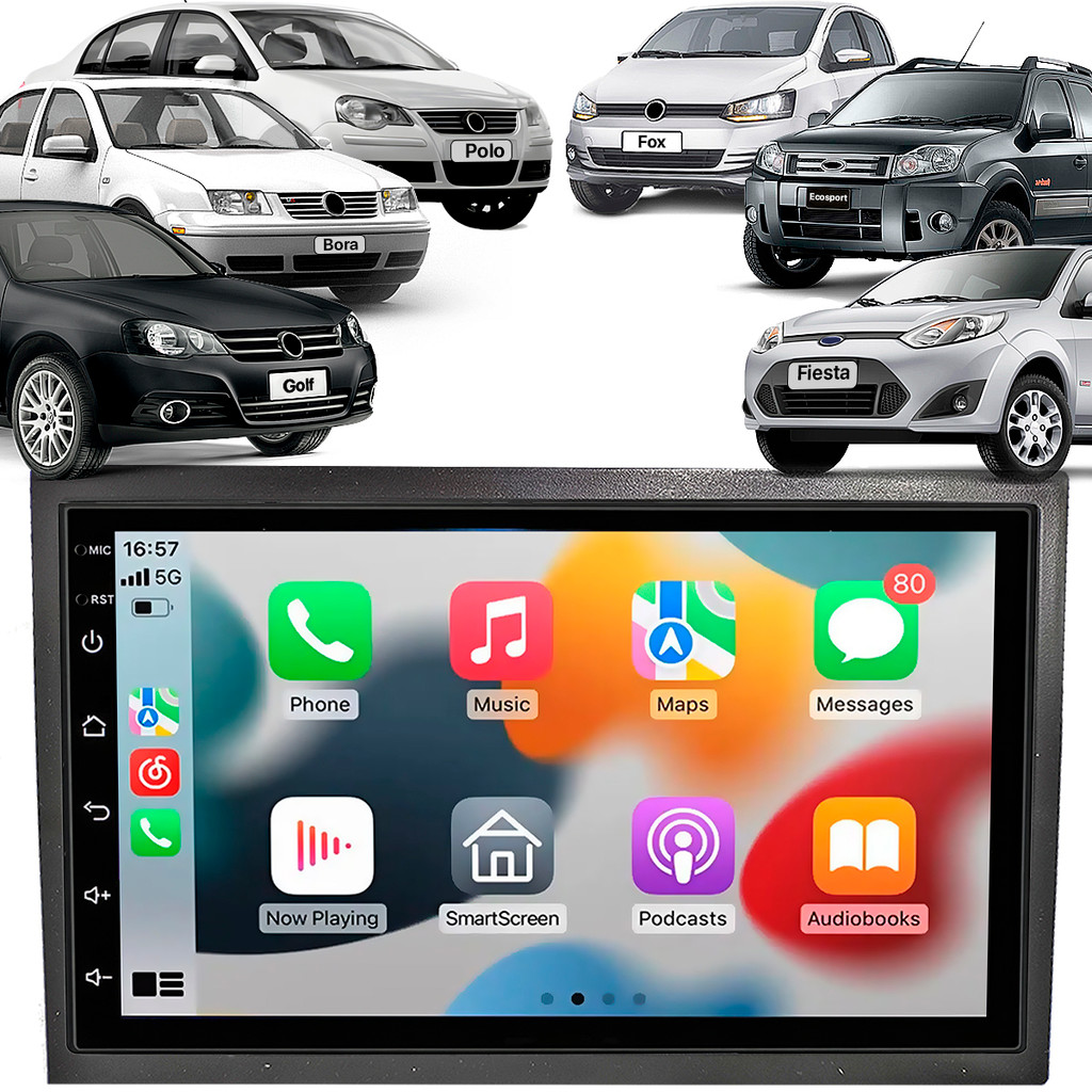 Kit Multimidia H-Tech 7 Pol Carplay Android Auto + Moldura 2 Din MP5 VW Polo Golf Fox Bora 1999/13