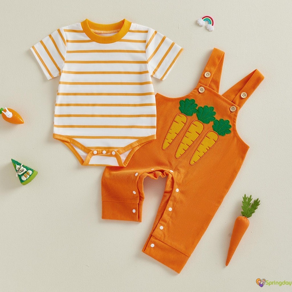 Conjunto Infantil De Verão E Páscoa Para Meninos , Macacão Listrado De Manga Curta Com Calça Geral De Coelhinho/Cenoura em Oferta na Shopee
