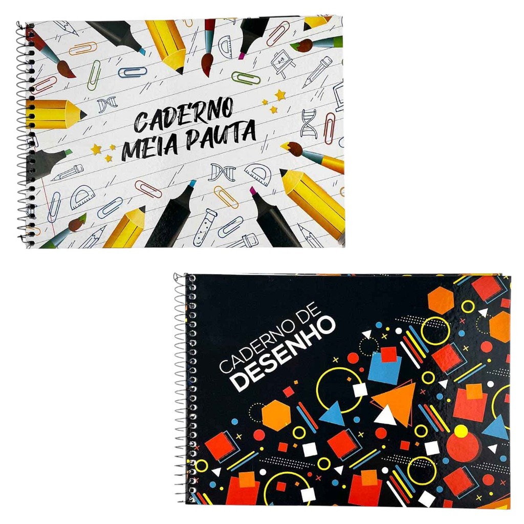 kit 2 Cadernos Meia Pauta e Desenho capa dura Espiral