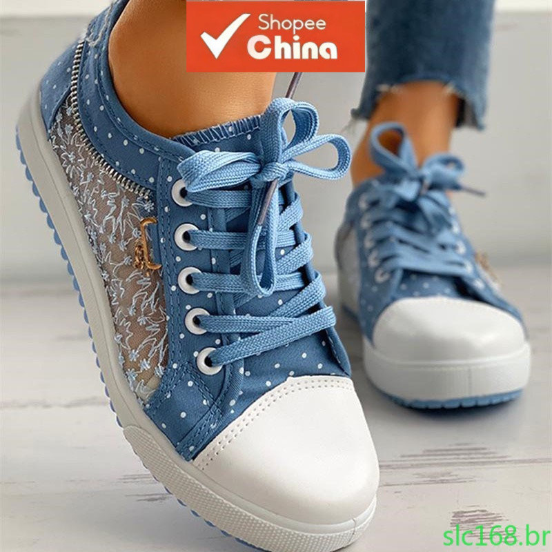 Sapatos Casuais Femininos Sapatos Casuais de Verão - Novos Sapatos de Lona Plataforma Oca com Cadena Respirável Q1U1