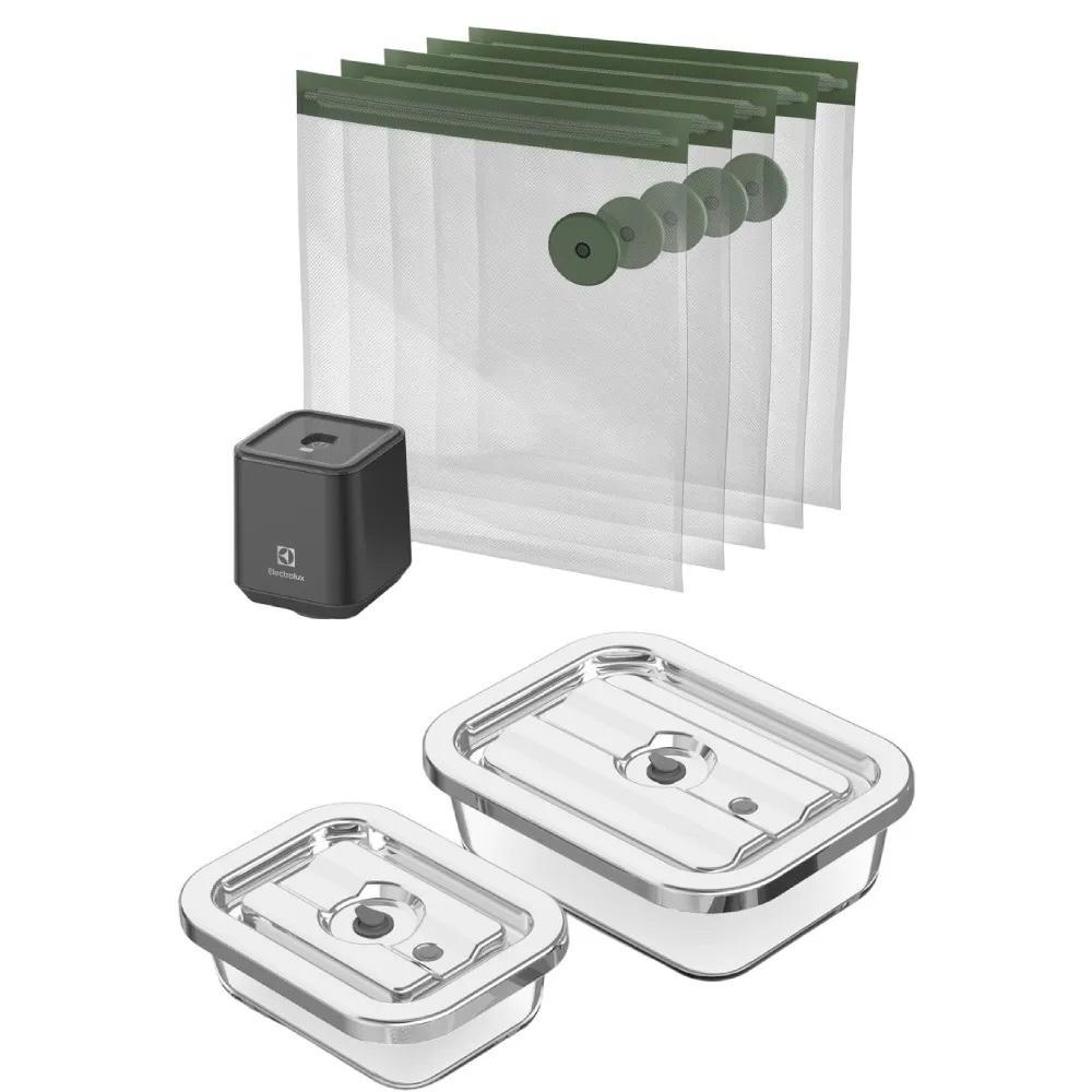 Kit Seladora a Vácuo Portátil 5 Sacos Herméticos + Potes Herméticos de Vidro para Fechamento Vácuo 2 Unidades Electrolux