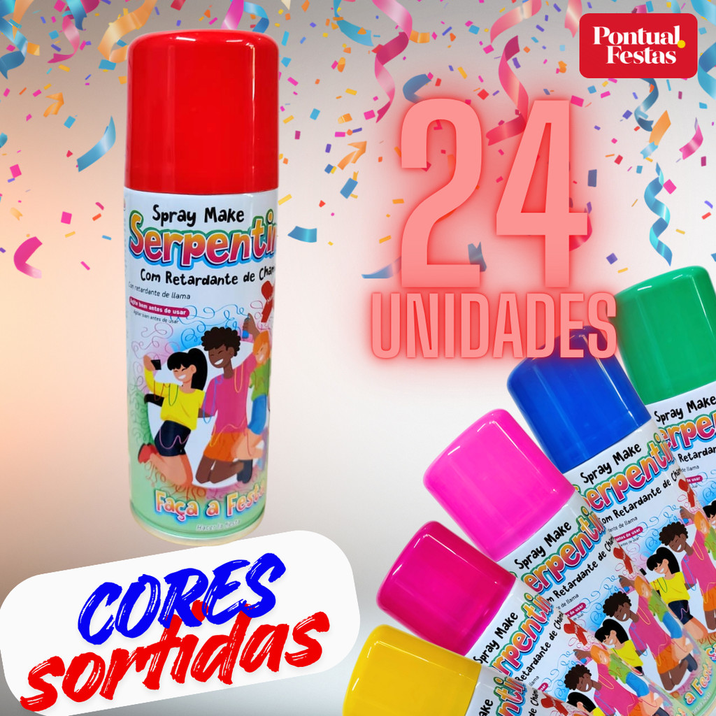 Kit 24 Serpentinas em  Lata 250ml 85g Cores Sortidas