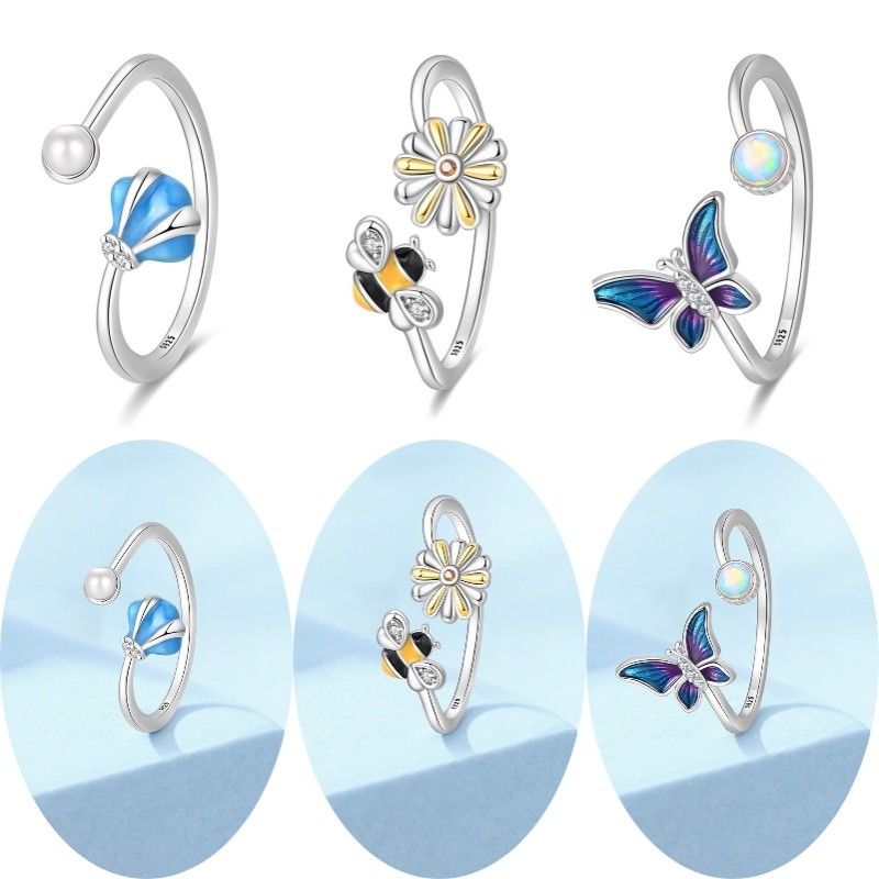 Anel feminino tamanho ajustável anel S925 prata azul concha pérola anel abelha flor anel