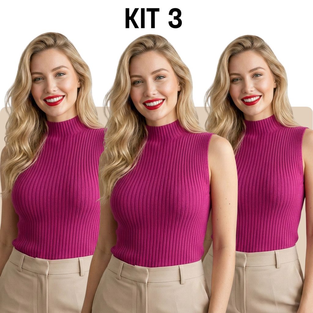 Tricot Modal Kit 3 Blusa Gola Alta Sem Manga Regata Verão Premium Elegante Social Feminina
