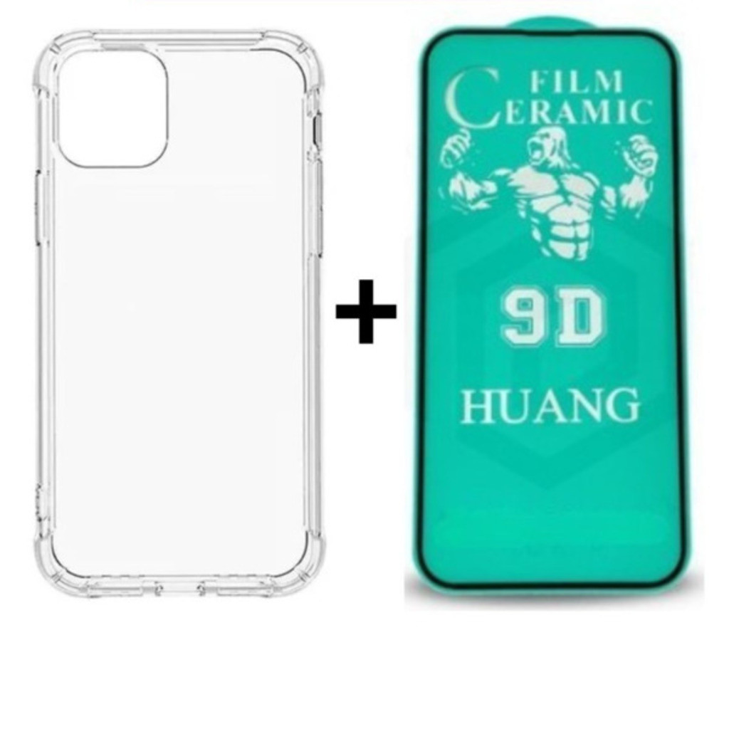 Kit Capa Space + Película Cerâmica Blindagem Tela Compatível iPhone 7 8 X XS 11 12 13 14 15 16 Pro Max