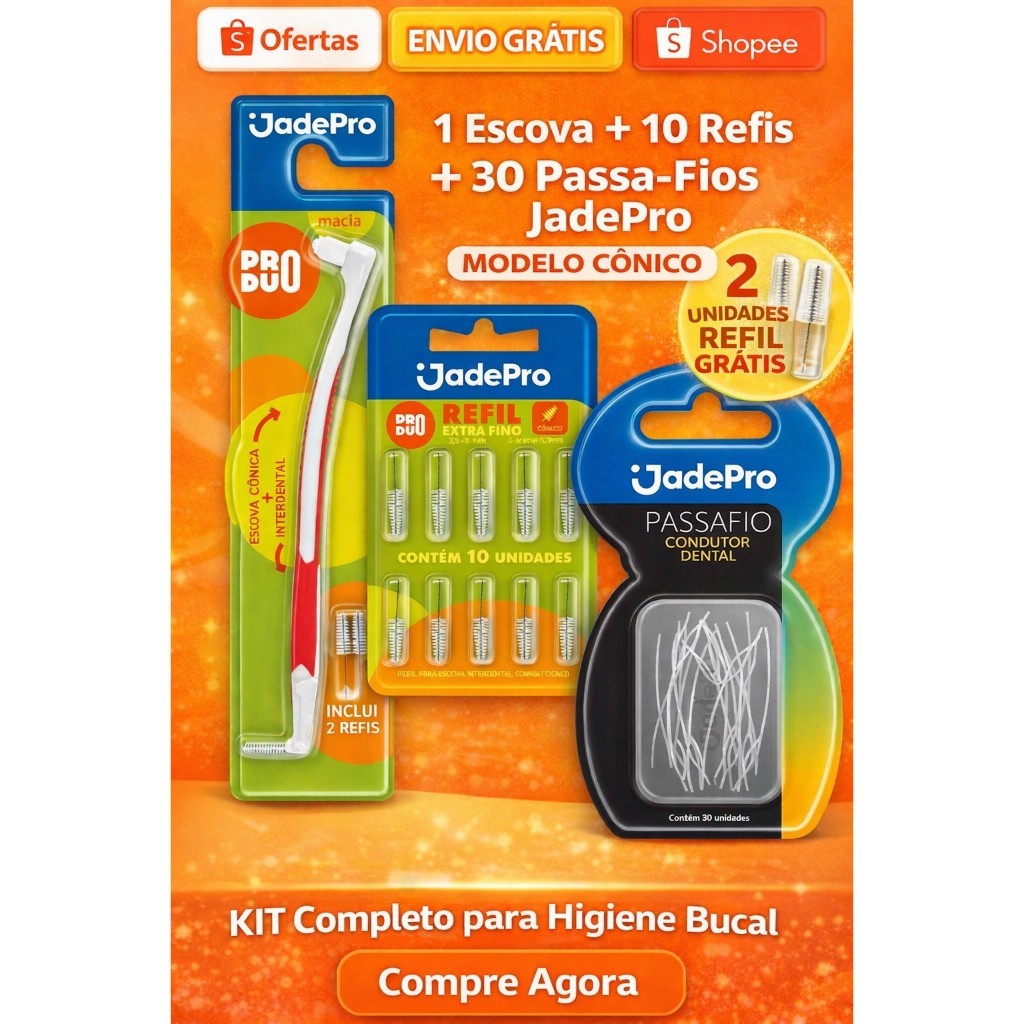 Kit Escova Interdental para aparelho bucal com 2 refil brinde + 10 Refis + 30 Passa Fio Jadepro