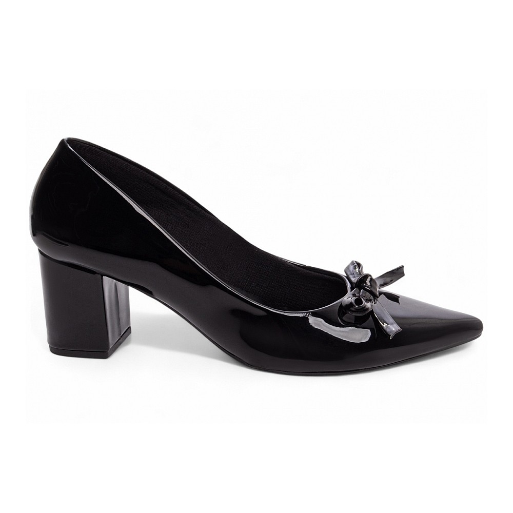 Sapato Scarpin Salto Médio Bloco Bico Fino Verniz Preto