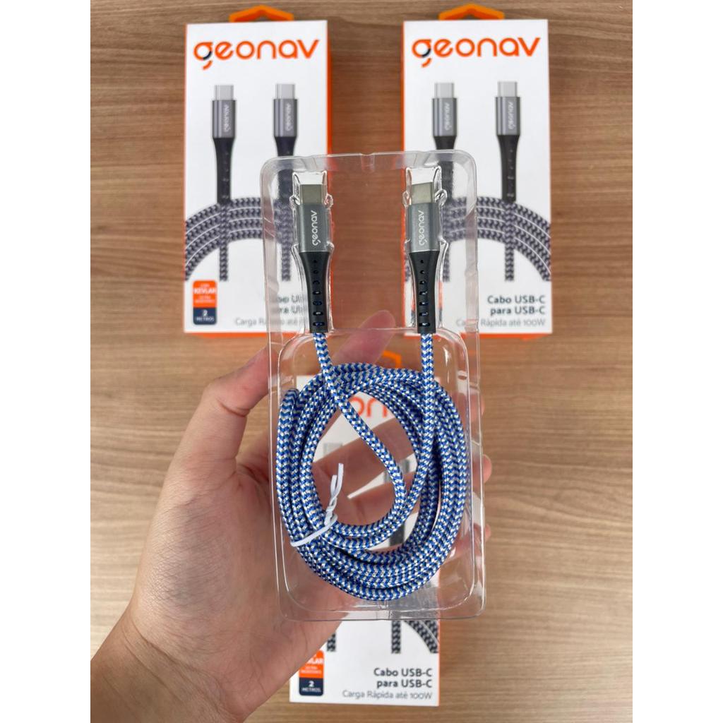 Cabo USB-C para USB-C 100W Geonav Kevlar 2 Metros Turbo MacBook iPhone iPad S24 Tablet
