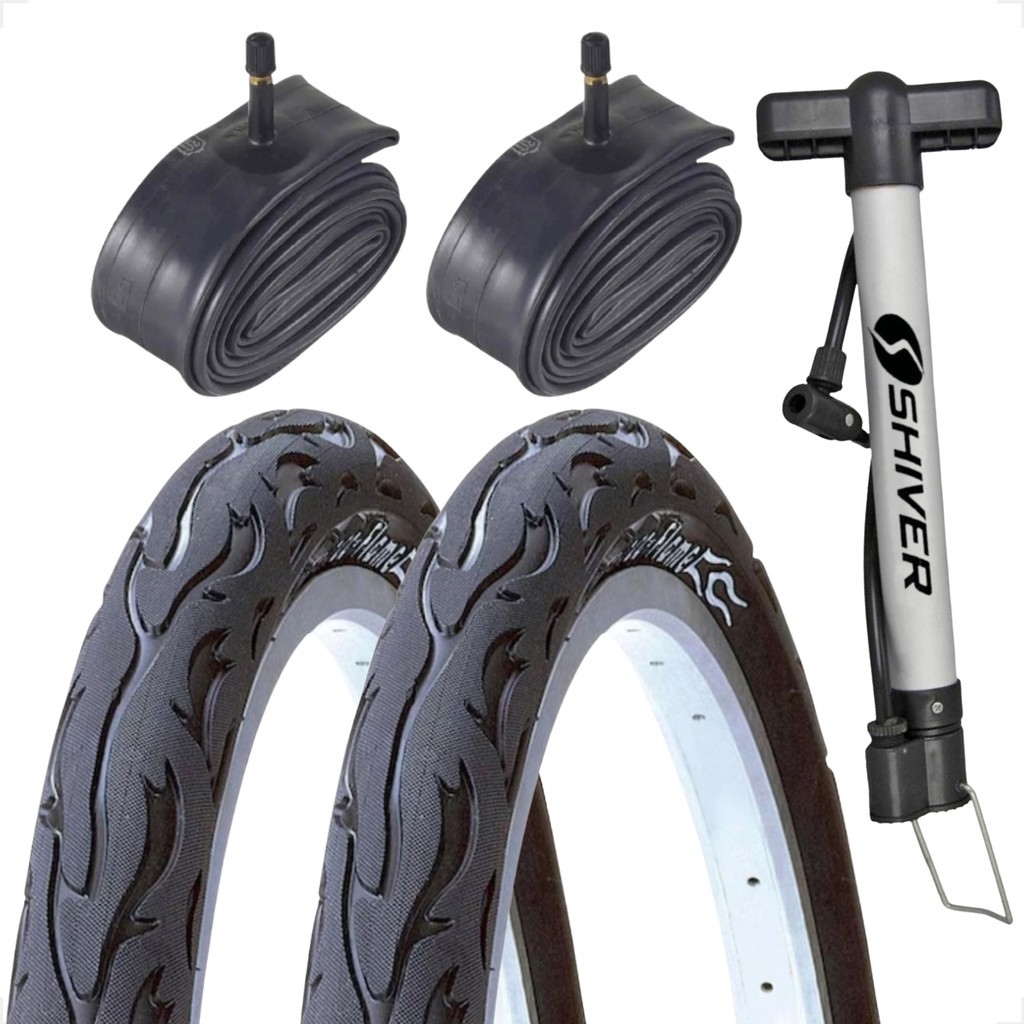 Par Pneu Bicicleta Kenda Flame Aro 26 x 2.125 Balão + Par camara Shiver + Brinde bombinha Montadinha