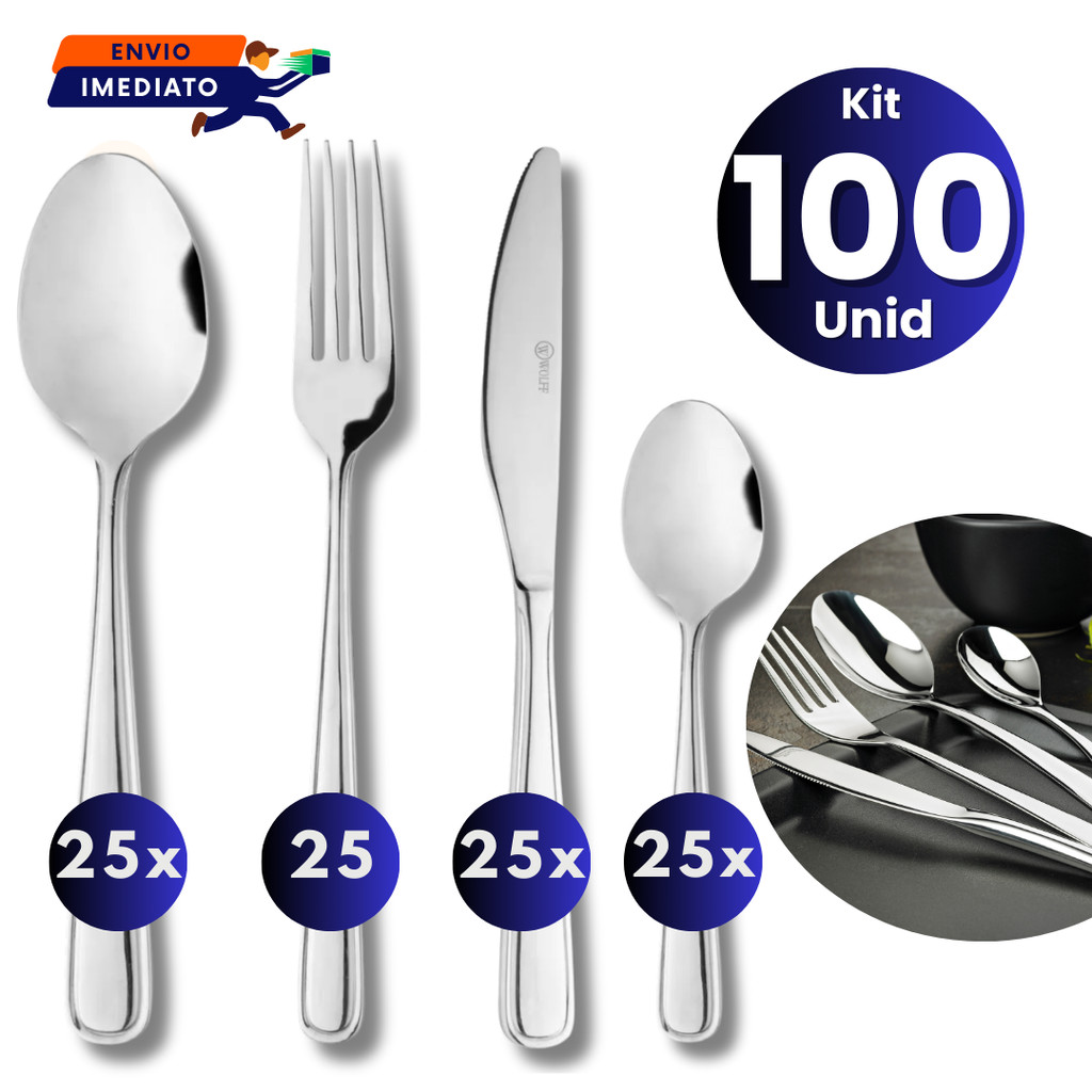 Jogo Talheres Inox 24, 48 ou 100 peças Conj. Inox Garfo Faca Colher Colher Sobremesa Faqueiro Cozinha Restaurante Buffet