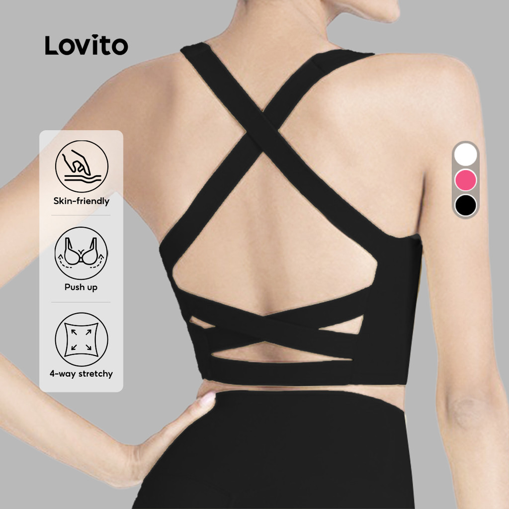 Lovito Sutiã Esportivo Esportivo Amigo Da Pele Levanta Sutiã Esportivo Preto com 4 Vias elásticas LNA129019 em Oferta na Shopee