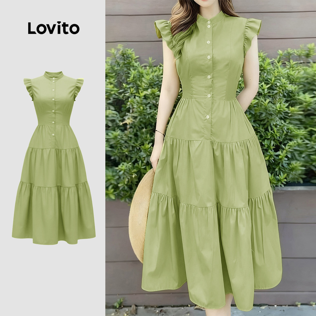 Lovito Vestido Casual com Zíper Primavera/verão Verde para Mulheres LK2ED017