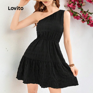 Lovito Vestido Preto Feminino com Babados Na Barra Casual primavera/verão LK2ED831 em Oferta na Shopee