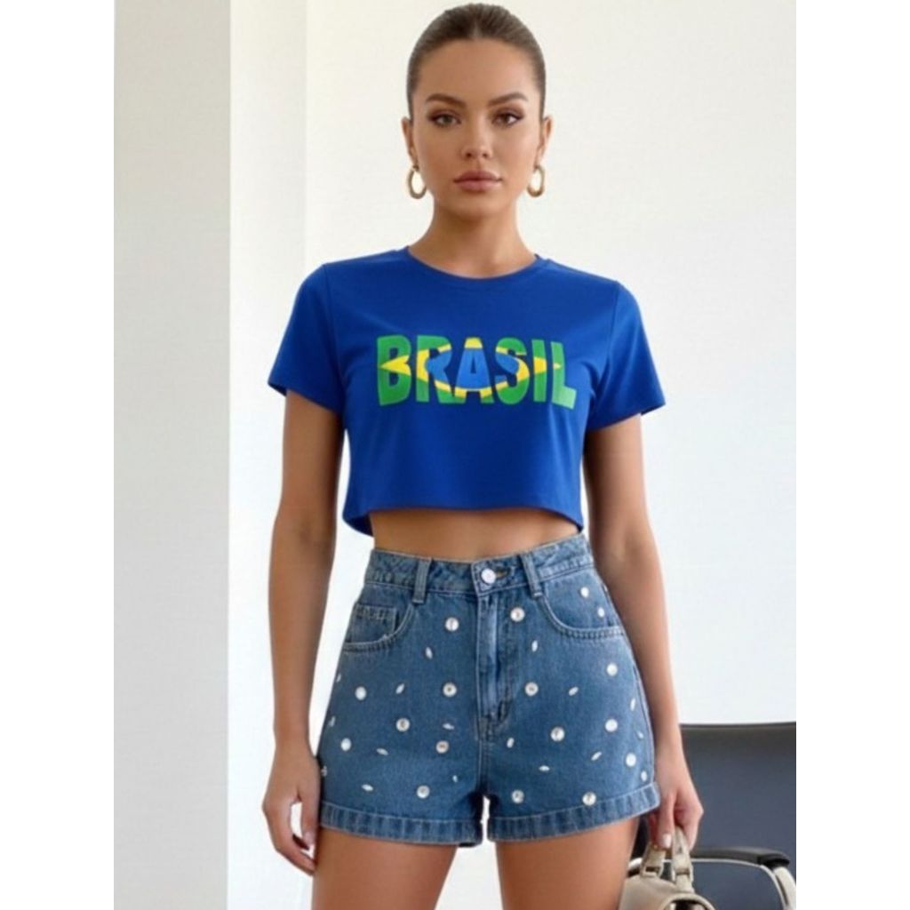 EMILI5 -Cropped Feminino Estampa Brasil Seleção Brasileira Camiseta Curta Estilosa - S129
