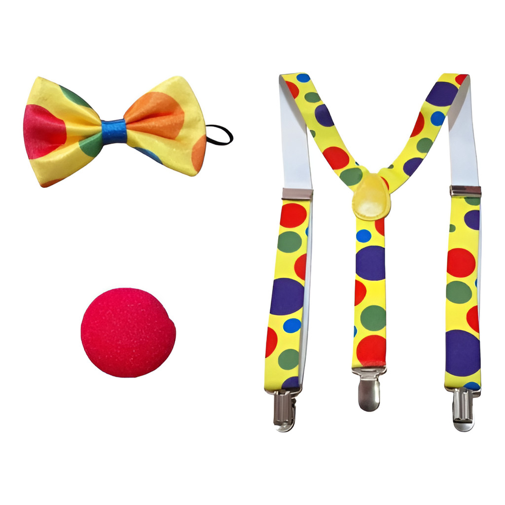 Kit Fantasia De Palhaço Infantil Suspensório Gravata E Nariz