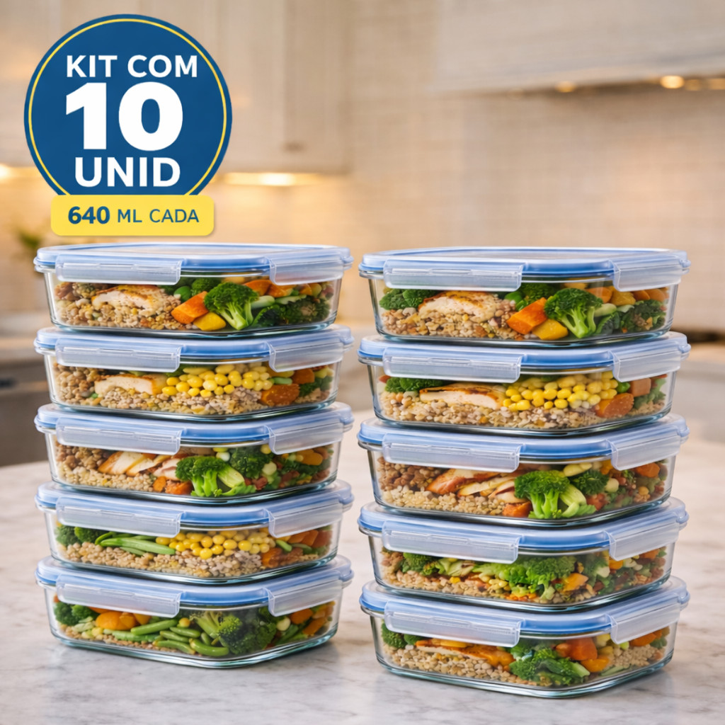 Kit 10 Pote de Vidro Hermético com Tampa Retangular 4 Travas Marmita Fit Microondas Mantimentos em Oferta na Shopee