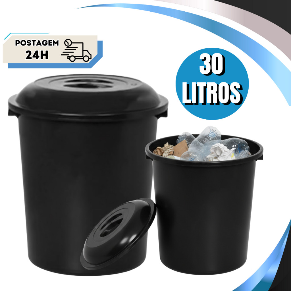 Cesto de Lixo Lixeira 30 Litros Preto Black Com Tampa Uso Geral Interno e Externo em Oferta na Shopee