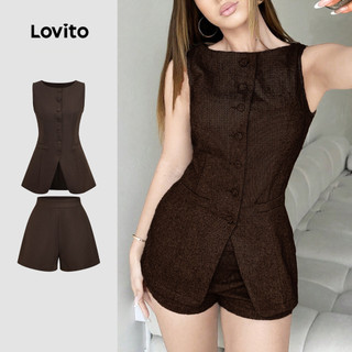 Lovito Elegante Conjunto de Shorts com Botão Na Frente para Primavera/verão em Marrom para Mulheres L165ED1459