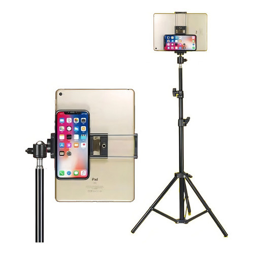 Tripé Celular Profissional 2m Alumínio Para iPhone iPad Tabl Preto Suporte para Celular e Tablet + Cabeça Ball Head 360°