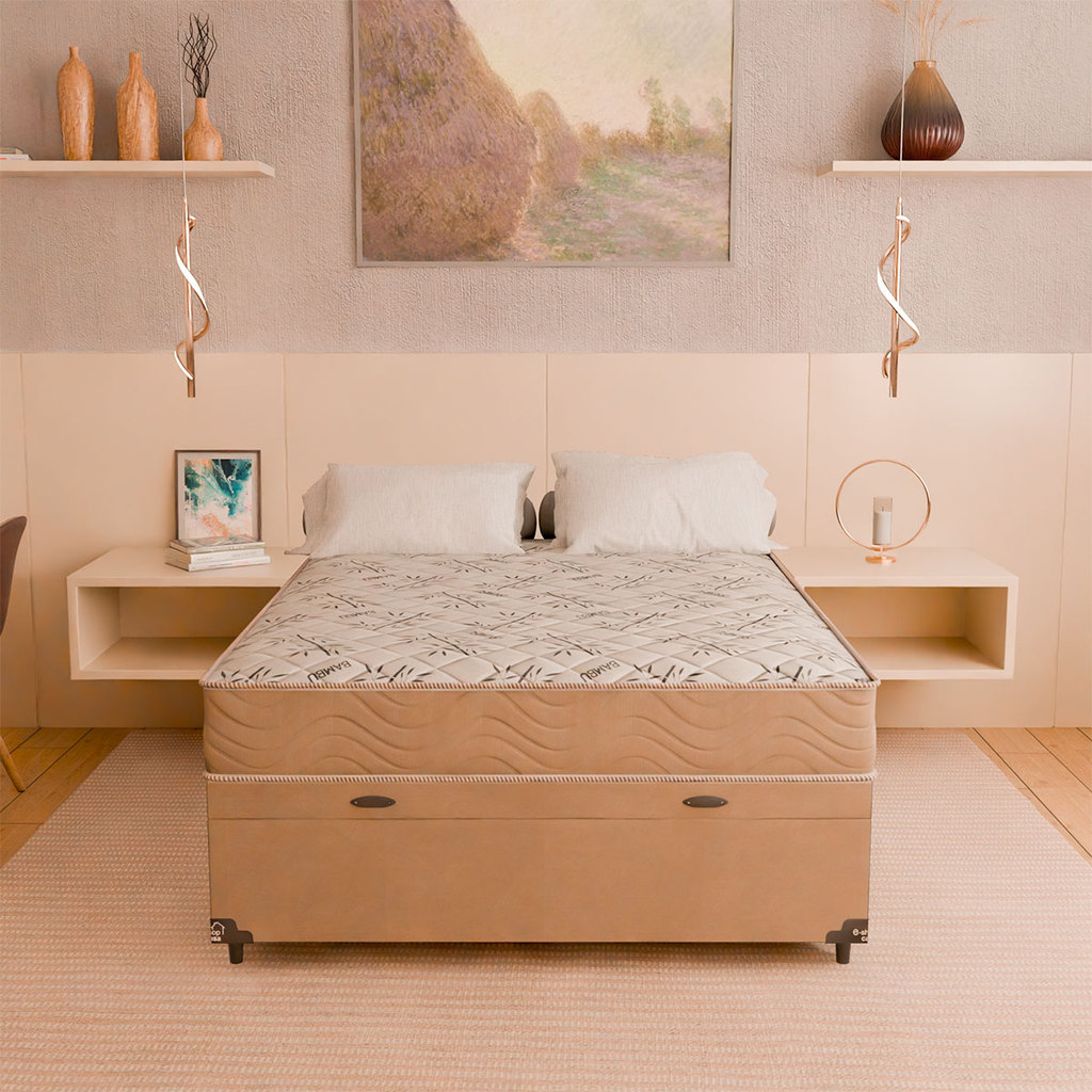 Baú Viúva + Colchão D33 One Face - Suede Bege - e-Shop Casa