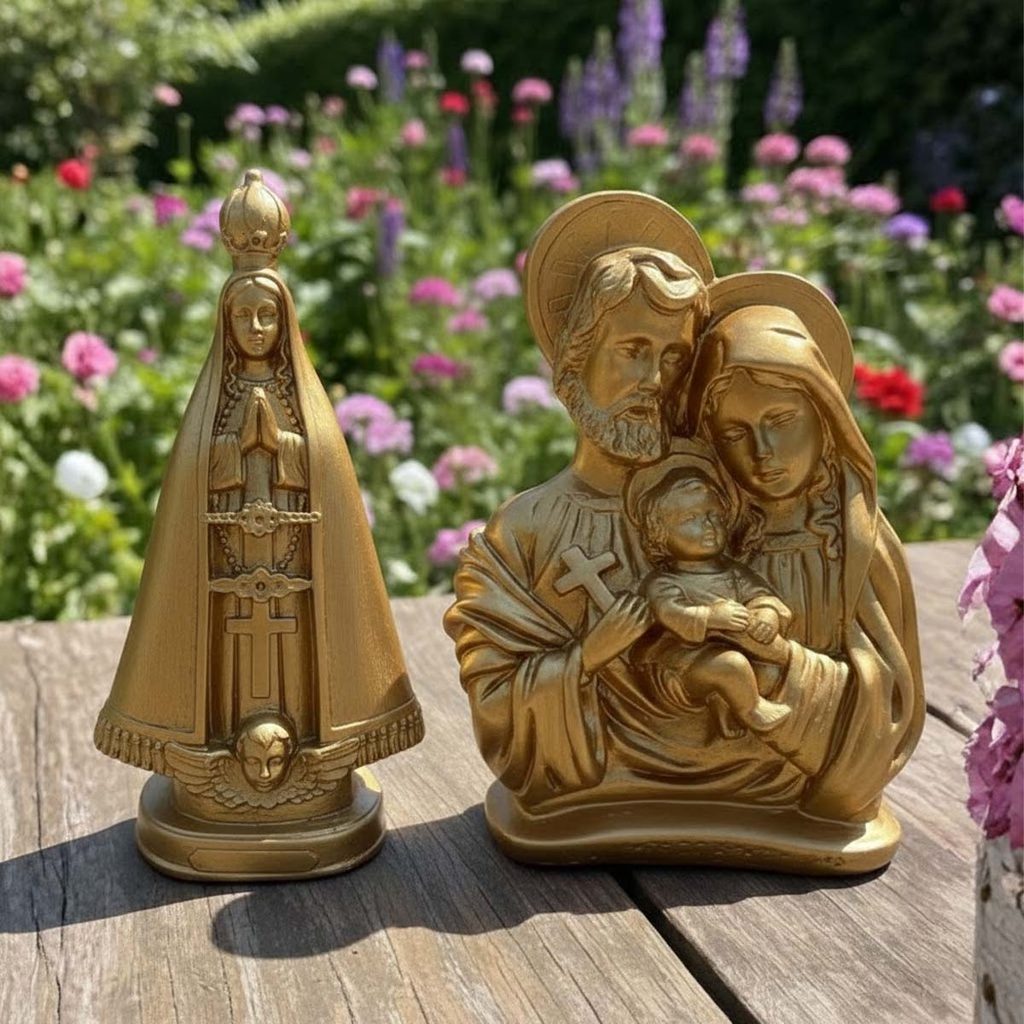 Kit Imagem Nossa Senhora Aparecida e Sagrada Família Auréola Perolado Dourado