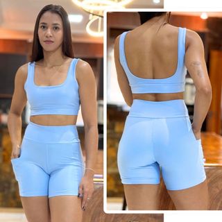 Conjunto de Academia Feminino Short com Bolso Zero Transparência e Cintura Alta + Top com…