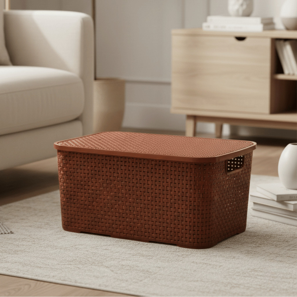 Caixa Organizadora Rattan 20L Marrom Café Tampa Trava ARQPLAST / Cesto Container Plástico 20 Litros