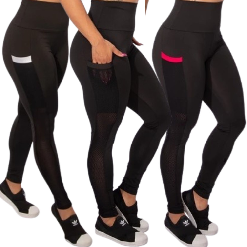 Kit 3 Calça Fitness Legging Cintura Alta com Bolso Lateral Transparência Zero