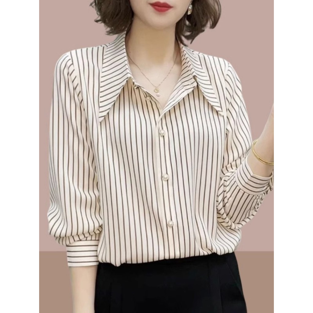 Camisa de Chiffon feminina primavera outono 2026 novo estilo moda moda topo High-End listrado pequena camisa de manga co