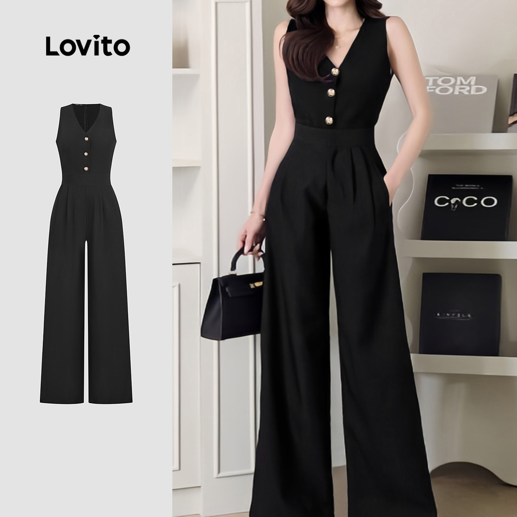 Lovito Macacão Casual Com Botão E Zíper, Bolso, Verão/primavera, Preto, Para Mulheres L134ED117 em Oferta na Shopee