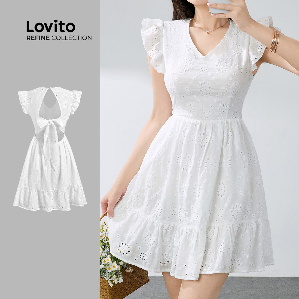 (Lovito Refine) Vestido Casual Em Algodão Bordado Com Ilhós Branco Primavera/verão Para Mulheres LR12ED031 em Oferta na Shopee