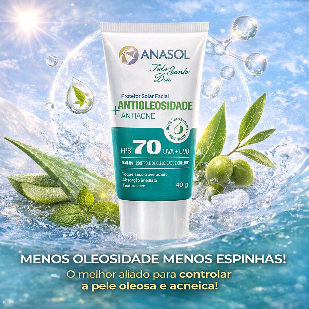 Protetor Solar Facial  Antiacne Antioleosidade Vegano FPS 70 -Anasol Todo Santo Dia