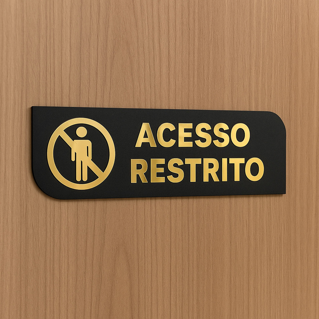Placa de Sinalização Acesso Restrito em MDF e Acrílico espelhado Dourado em Oferta na Shopee