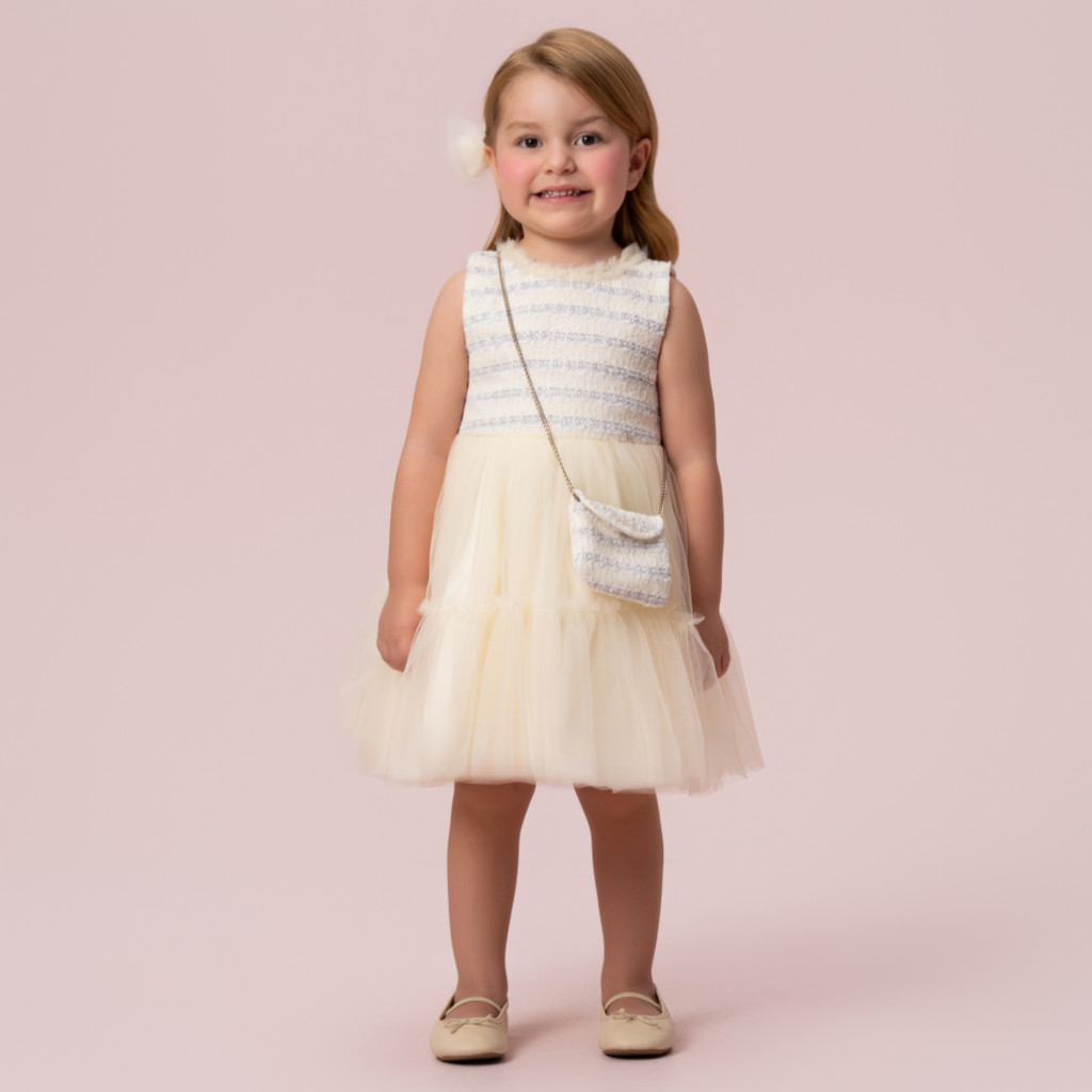 Vestido Petit Cherie Infantil Off White com Tule em Camadas + Bolsa