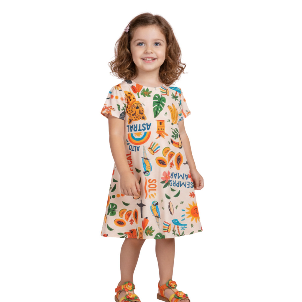 Vestido Trapézio Infantil Menina Blogueirinha Luxo Estampado Colorido