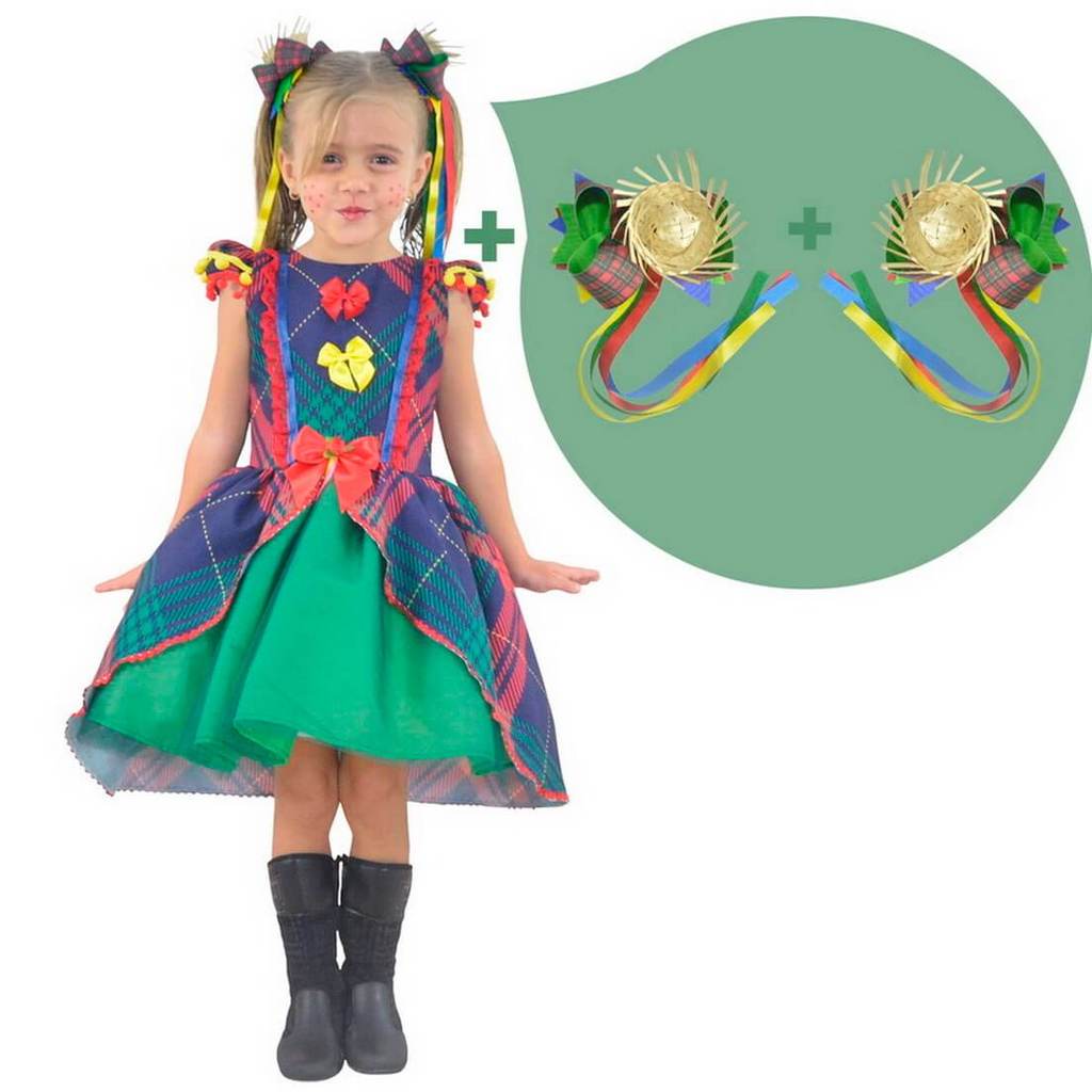 Kit Vestido infantil Festa Junina Xadrez Tule Verde + 2 Laços